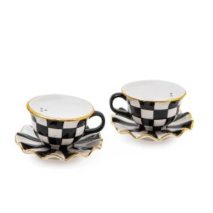 image shows MacKenzie-Childs Courtly Check Teacup Salt & Pepper Set  against a blank, white background