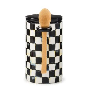  image shows MacKenzie-Childs Courtly Check 26oz Farmhouse Canister with Spoon against a blank, white background