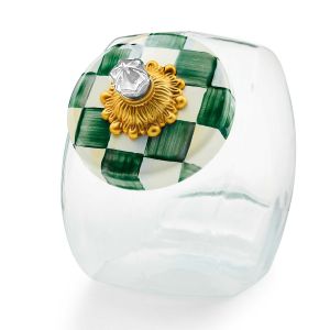 image shows MacKenzie-Childs Cookie Jar with Emerald Check Lid against a blank, white background