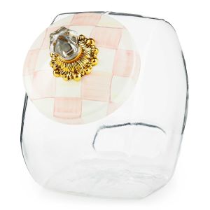 image shows MacKenzie-Childs Cookie Jar with Rosy Check Lid  against a blank, white background