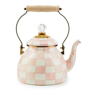 image shows MacKenzie-Childs Rosy Check 2 Qt. Tea Kettle  against a blank, white background