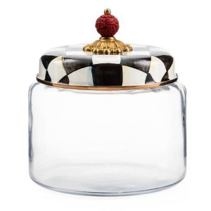 image shows MacKenzie-Childs Courtly Check 64oz Medium Kitchen Canister against a blank, white background