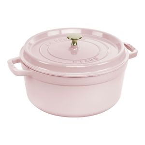 image shows Staub Cast Iron 5.5 Qt. Round Dutch Oven | Peony Pink against a blank, white background
