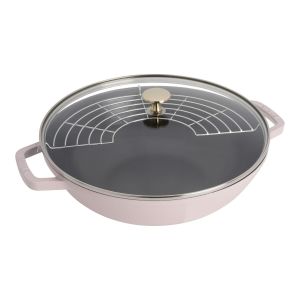 image showsStaub Cast Iron 4.5 Qt. Perfect Frying Pan | Peony Pink against a blank, white background