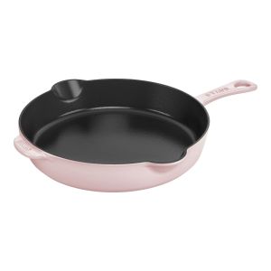 image shows Staub Cast Iron 8.5" Traditional Deep Skillet | Peony Pink against a blank, white background  