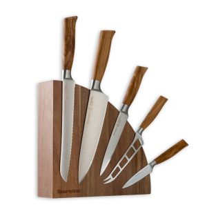 image shows Messermeister Oliva Elite Magnet Knife Block Set | 6-Piece against a blank, white background