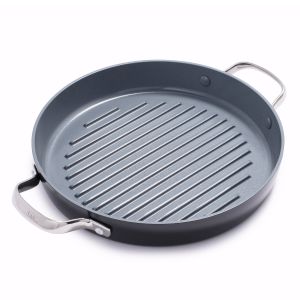 image shows GreenPan Valencia Pro 11" Round Grill Pan against a blank, white background