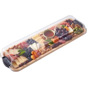 A wooden tray filled with assorted cheeses, mixed nuts, and fresh fruit, elegantly arranged for a snack or appetizer.