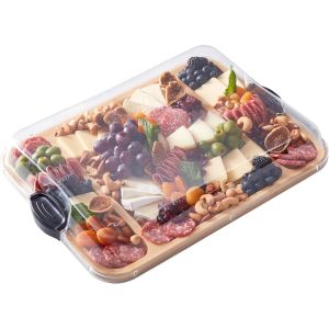 A wooden tray displaying an assortment of cheese, cured meats, and fresh fruit arranged artfully.