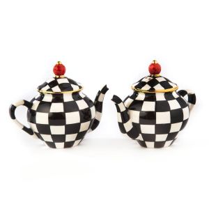 image shows MacKenzie-Childs Courtly Check Teapot Salt & Pepper Set against a blank, white background