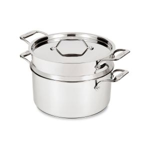  image shows All-Clad Simply Strain Stainless Steel Multi-Pot with Insert | 8-Quart against a blank, white background