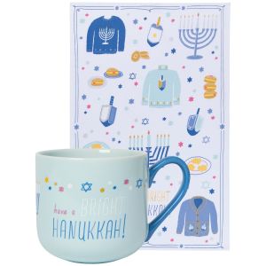 image shows Danica Jubilee Mug and Dishtowel Set | Bright Hanukkah against a blank, white background