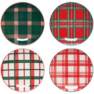 image shows Now Designs by Danica Appetizer Plates (Set of 4) | Holiday Plaid  against a blank, white background
