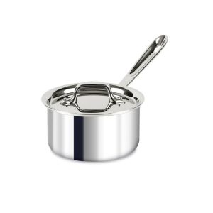 image shows All-Clad D3 Stainless Steel Sauce Pan with Lid | 1.5 Quart against a blank, white background