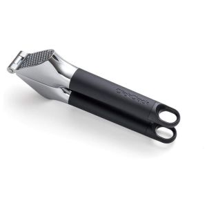 image shows Click Clack Garlic Press | Grey/Chrome against a blank, white background