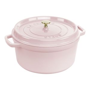 image shows Staub 7 Qt. Round Dutch Oven | Peony Pink against a blank, white background