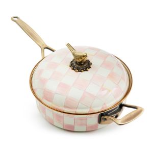image shows MacKenzie-Childs Rosy Check 3 Qt. Saute Pan against a blank, white background