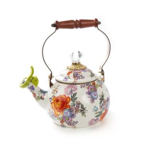 image shows MacKenzie-Childs White Flower Market 2 Qt. Whistling Tea Kettle  against a blank, white background