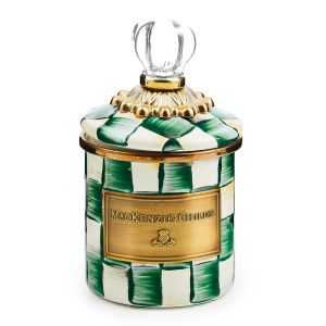 image shows MacKenzie-Childs Emerald Check 14oz Mini Canister  against a blank, white background
