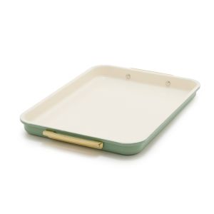  image shows GreenPan Reserve Healthy Ceramic Nonstick Bakeware Quarter Sheet Pan | Sage against a blank, white background