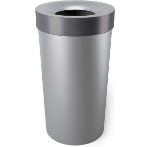 image shows Umbra Vento Trash Can | Grey-Nickel  against a blank, white background