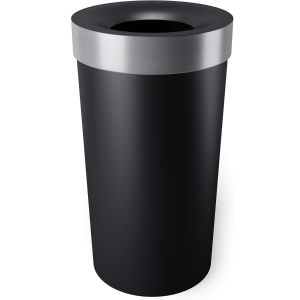 image shows Umbra Vento Trash Can | Black-Nickel against a blank, white background