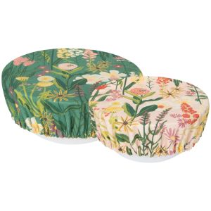 image shows Now Designs by Danica Bowl Covers (Set of 2) | Bees & Blooms against a blank, white background