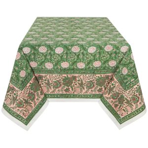 image shows Danica Heirloom 60" x 90" Block Print Tablecloth | Peony  against a blank, white background