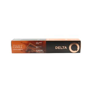 image shows Delta Q Cinnamon 10 Coffee Capsules  against a blank, white background