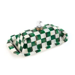 image shows MacKenzie-Childs Emerald Check Butter Box against a blank, white background