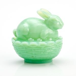 Mosser Glass Bunny On Basket Figurine | Jadeite
