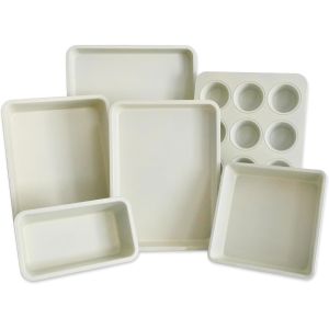 image shows USA Pan 6-Piece Ceramic Nonstick Bakeware Set | Vanilla against a blank, white background