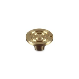 Le Creuset Crucible Medium Knob (Stainless Steel Gold) against a clean white background shot from above, angled