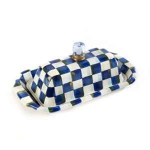 image shows MacKenzie-Childs Royal Check Butter Box against a blank, white background