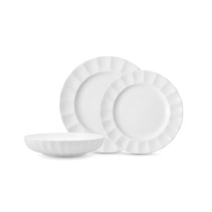 image shows Fortessa Blyss Bone China 12-Piece Dinnerware Set | White against a blank, white background