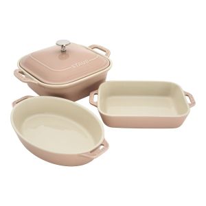 image shows Staub 4-Piece Baking Dish Set | Light Pink against a blank, white background