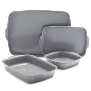 image shows GreenPan Premiere Ovenware 4-Piece Bakeware Set against a blank, white background