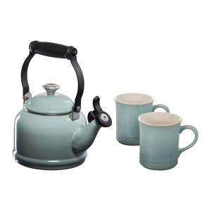image shows Le Creuset 1.25 Qt. Demi Kettle Tea Pot & Mugs Set | Sea Salt  against a blank, white background