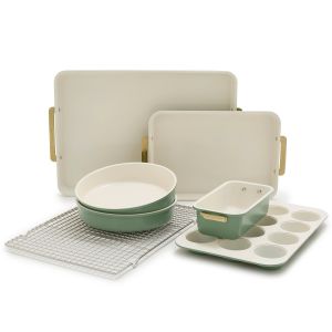 image shows GreenPan Reserve 7-Piece Bakeware Set | Sage against a blank, white background