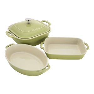 image shows Staub 4-Piece Baking Dish Set | Light Green against a blank, white background