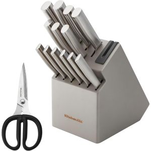  image shows KitchenAid Gourmet 15-Piece Self-Sharpening Knife Block Set | Stainless Steel Handles with Gray Block against a blank, white background
