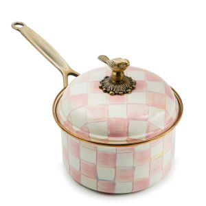 image shows MacKenzie-Childs Rosy Check 2.5 Qt. Saucepan against a blank, white background