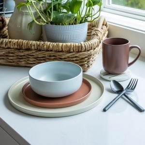 Everything Kitchens Modern Flat 16-Piece Dinnerware Set | Beige, Terracotta, Stone Gray, Brown