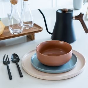 Everything Kitchens Modern Flat 12-Piece Dinnerware Set | Soft Pink, Dusty Blue, Terracotta
