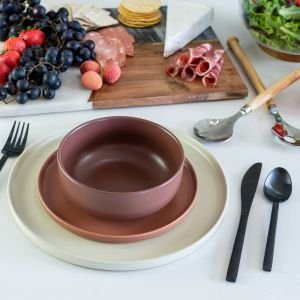 Everything Kitchens Modern Flat 12-Piece Dinnerware Set | Beige, Terracotta, Brown

