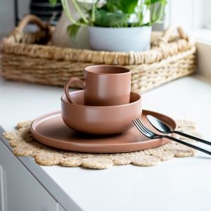 Everything Kitchens Modern Flat 12-Piece Dinnerware Set | Terracotta