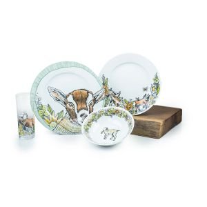 Everything Kitchens "Caprine Caper" Baby Goat 16-Piece Dinnerware Set + Glasses