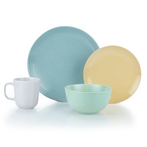 Everything Kitchens Modern Colorful Neutrals - Rippled 16-Piece Dinnerware Set - Glazed | Blue, Butter Yellow, Light Green, Dusty Purple
