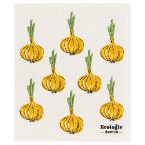 image shows Ecologie by Danica Swedish Sponge Dish Cloth | Veggie Stand Onions against a blank, white background onions yellow onions
