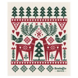 image shows Ecologie by Danica Swedish Sponge Dish Cloth | Folk Forest against a blank, white background deer christmas green and red